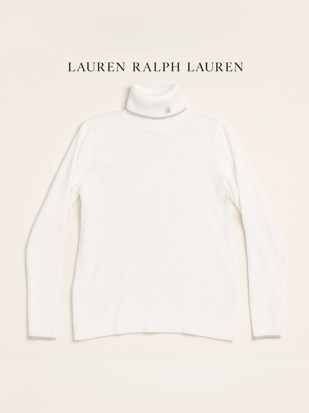 Lauren Ralph Lauren White Ribbed Turtleneck Sweater Silver Trim Size S - Preppy